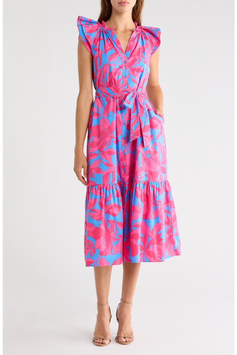 Floral Print Tie Waist Midi Dress, Main, color, PINK-BLUE