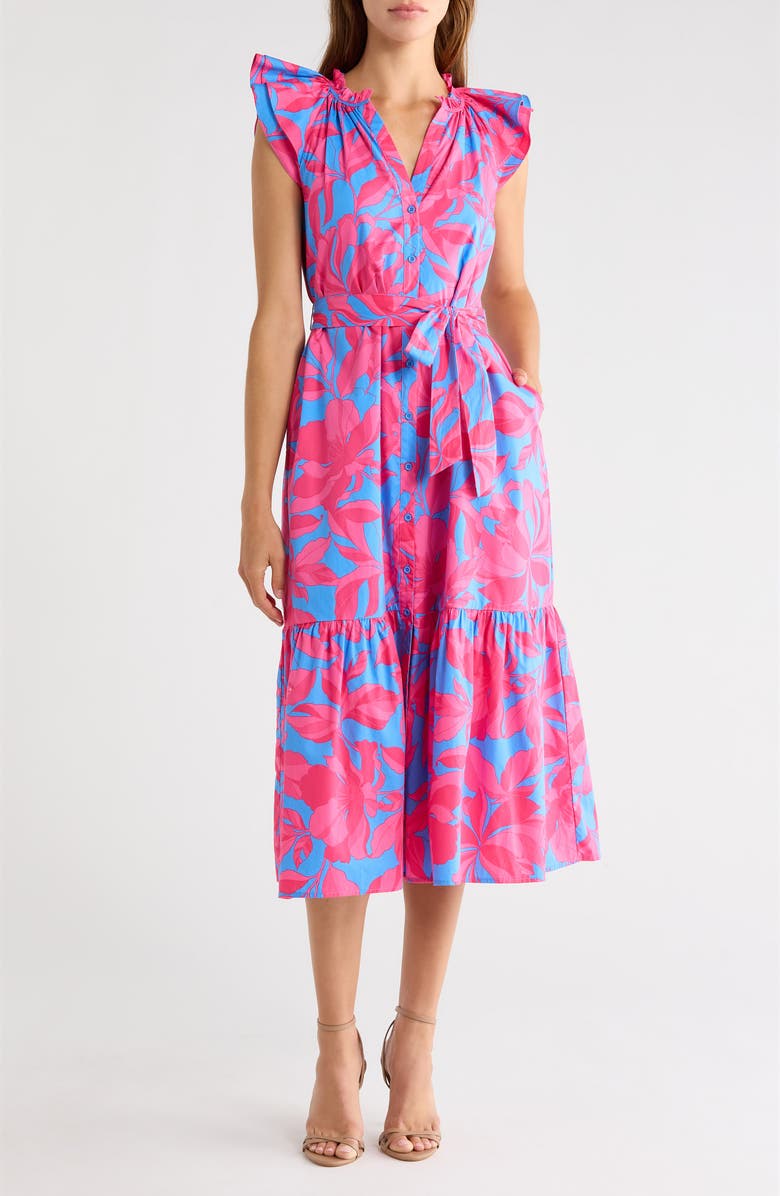SUGARLIPS Floral Print Tie Waist Midi Dress, Main, color, Pink-Blue