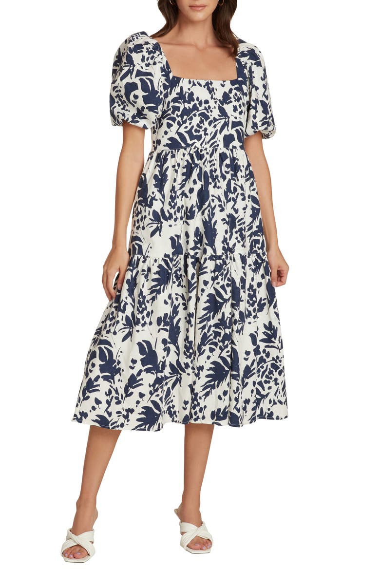 Margot Puff Sleeve Linen Blend Midi Dress, Main, color, INDIGO