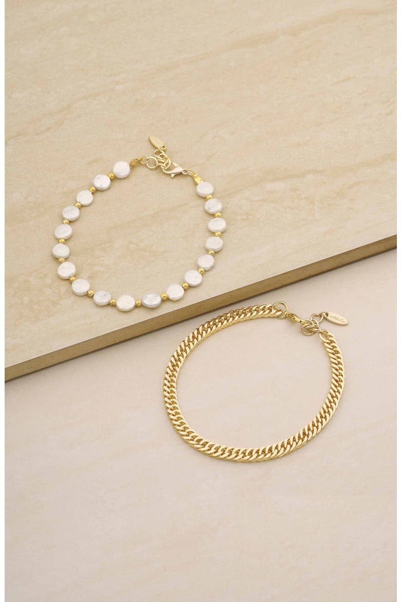 Set of 2 Cultured Freshwater Pearl & Curb Chain Anklets, Alternate, color, GOLD