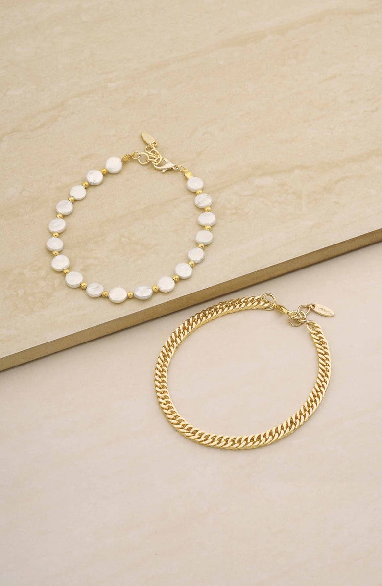 Ettika Set of 2 Cultured Freshwater Pearl & Curb Chain Anklets, Alternate, color, 