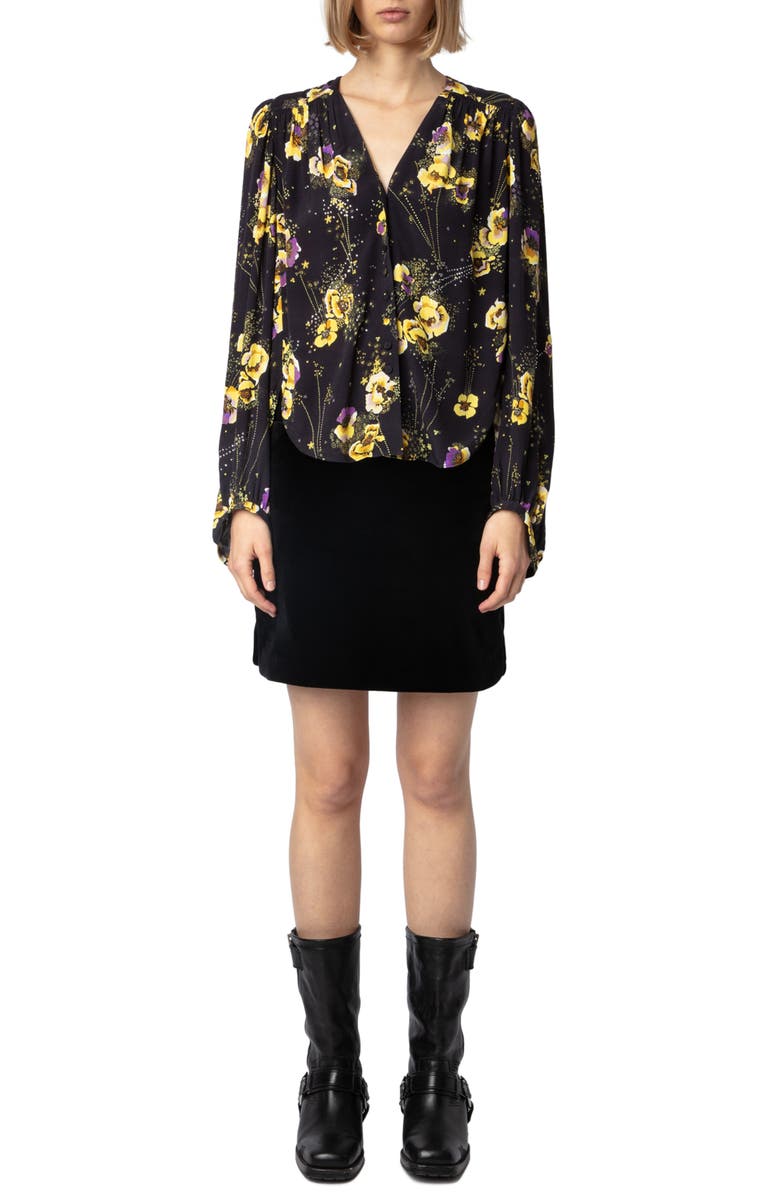 Zadig & Voltaire Turin Yoko Floral Diamanté Crepe Button-Up Shirt, Alternate, color, 