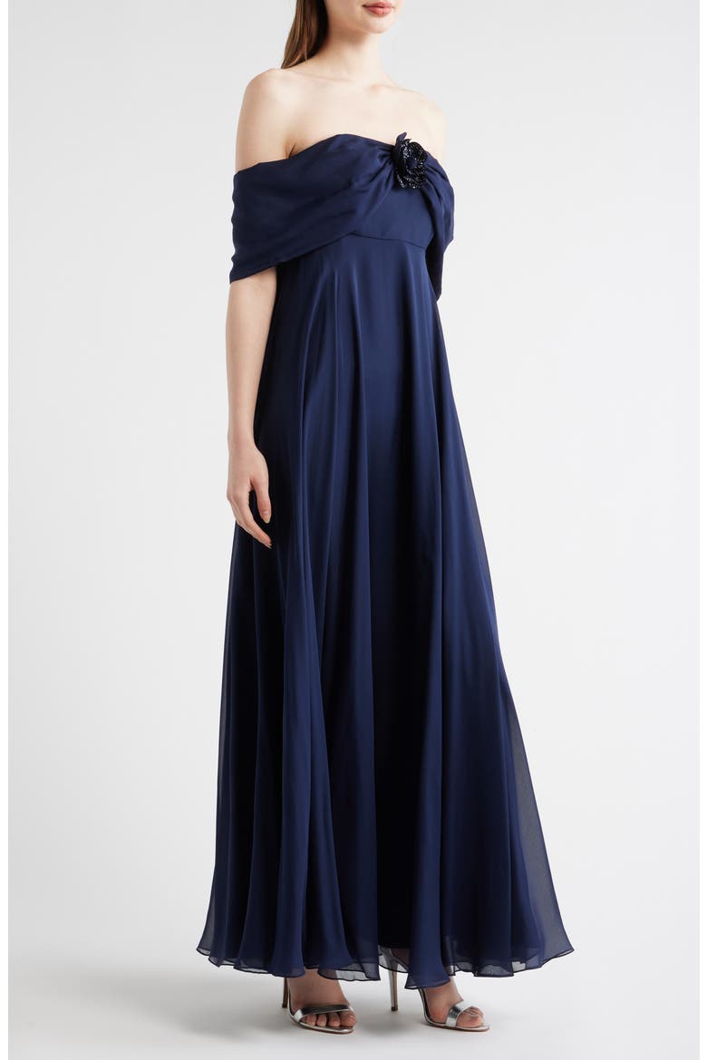 Rebecca Rosette Detail Off the Shoulder Silk Chiffon Gown, Alternate, color, MIDNIGHT