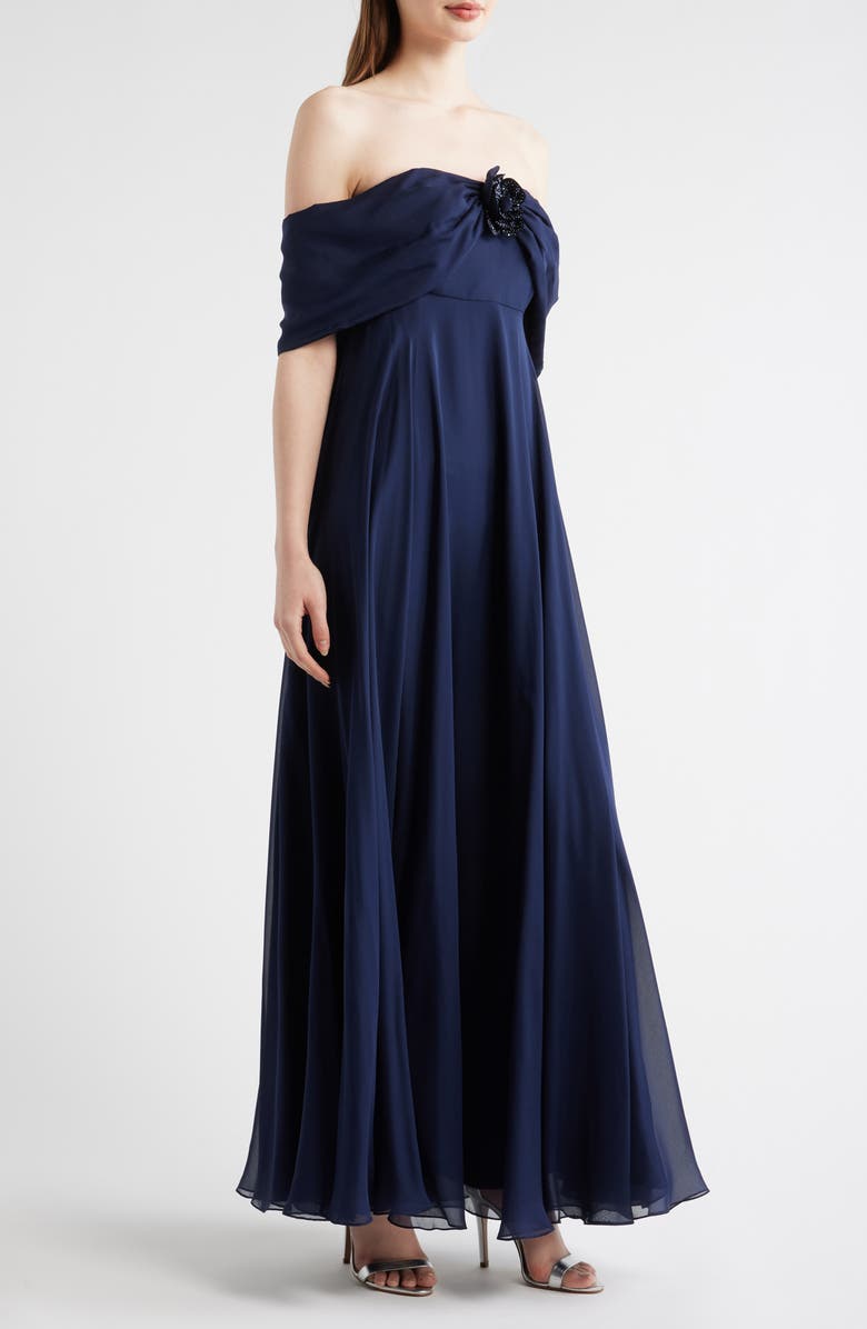 Sachin & Babi Rebecca Rosette Detail Off the Shoulder Silk Chiffon Gown, Alternate, color, Midnight