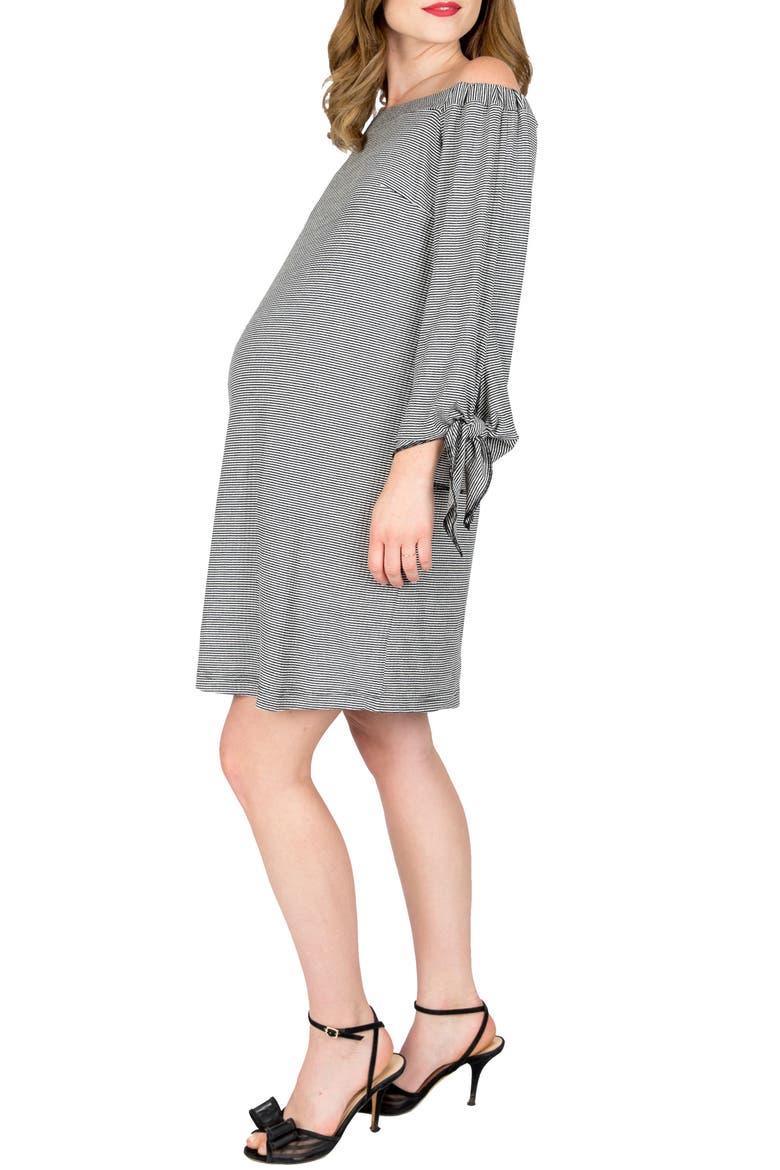 Octavia Off The Shoulder Maternity Dress, Alternate, color, BLACK WHITE STRIPE