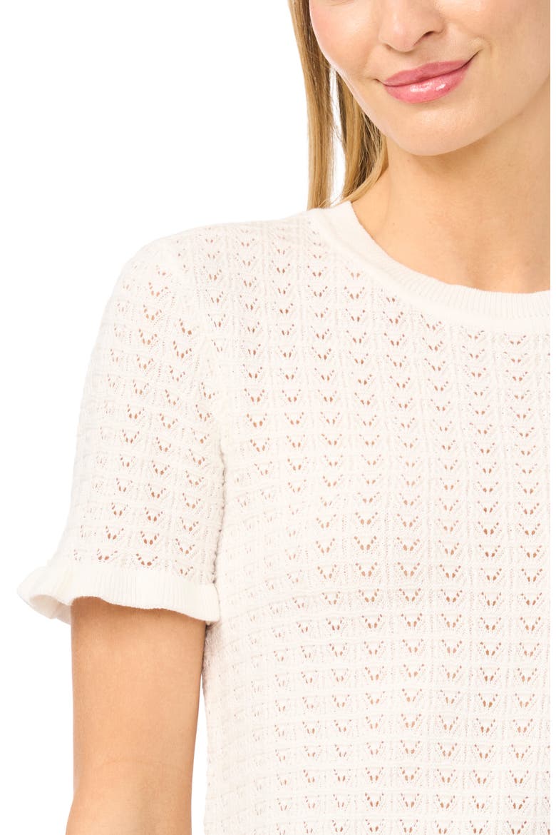 Ruffle Trim Pointelle Stitch Short Sleeve Sweater, Alternate, color, NEW IVORY