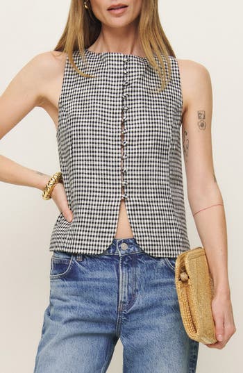 Reformation Addison Gingham Sleeveless Linen Button-up Top In Remy Check