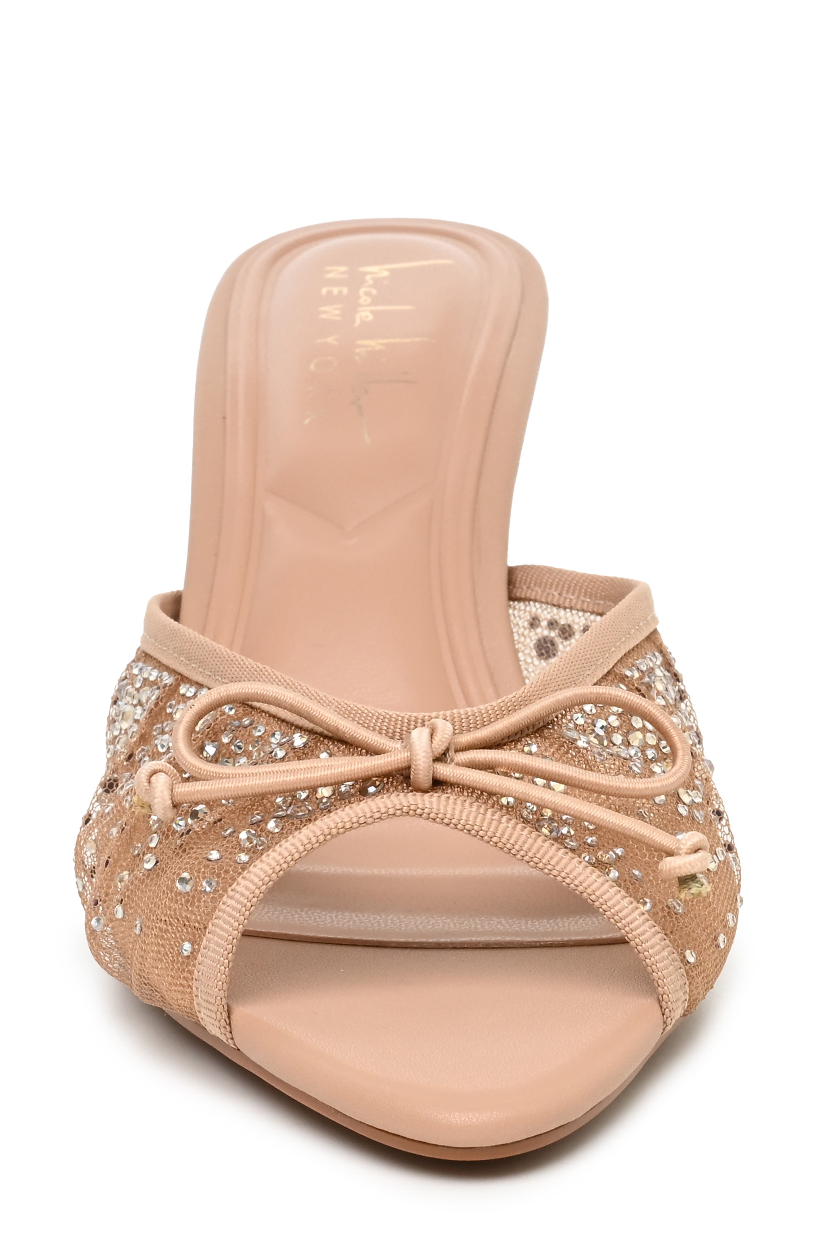 Points Bow Mesh Slide Sandal, Alternate, color, NUDE BLING