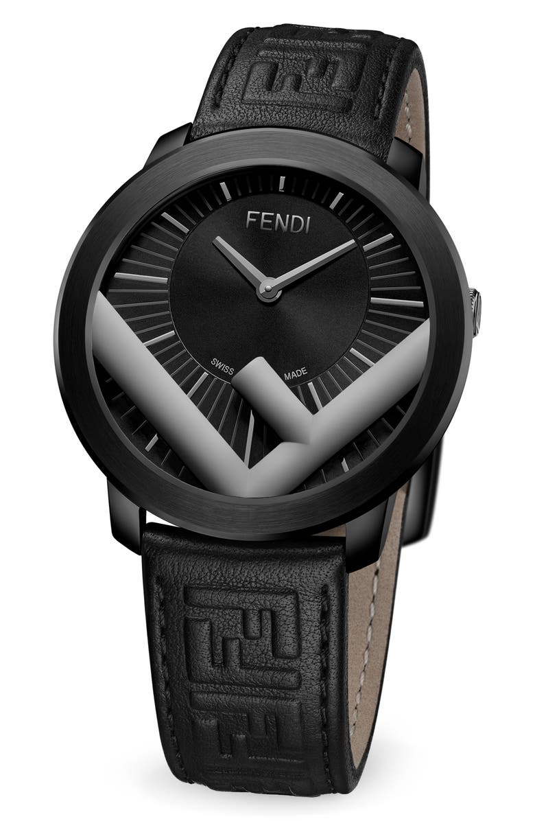 Fendi Run Away Leather Strap Watch, 41mm, Alternate, color,