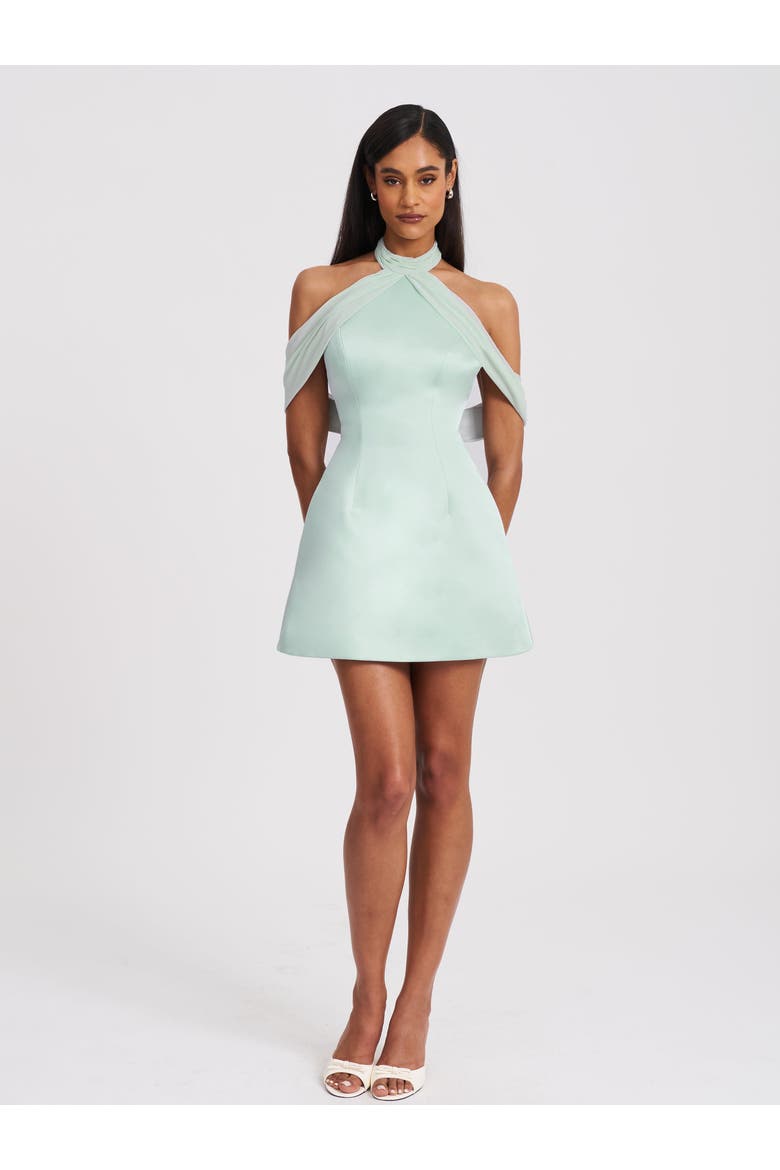 Zafrina Halter Off-shoulder Backless Mini Dress, Alternate, color, Light Cyan