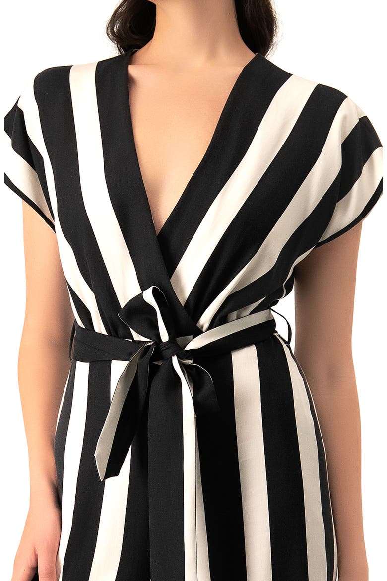 Striped V-Neck Jumpsuit with Waist Tie, Alternate, color, Black