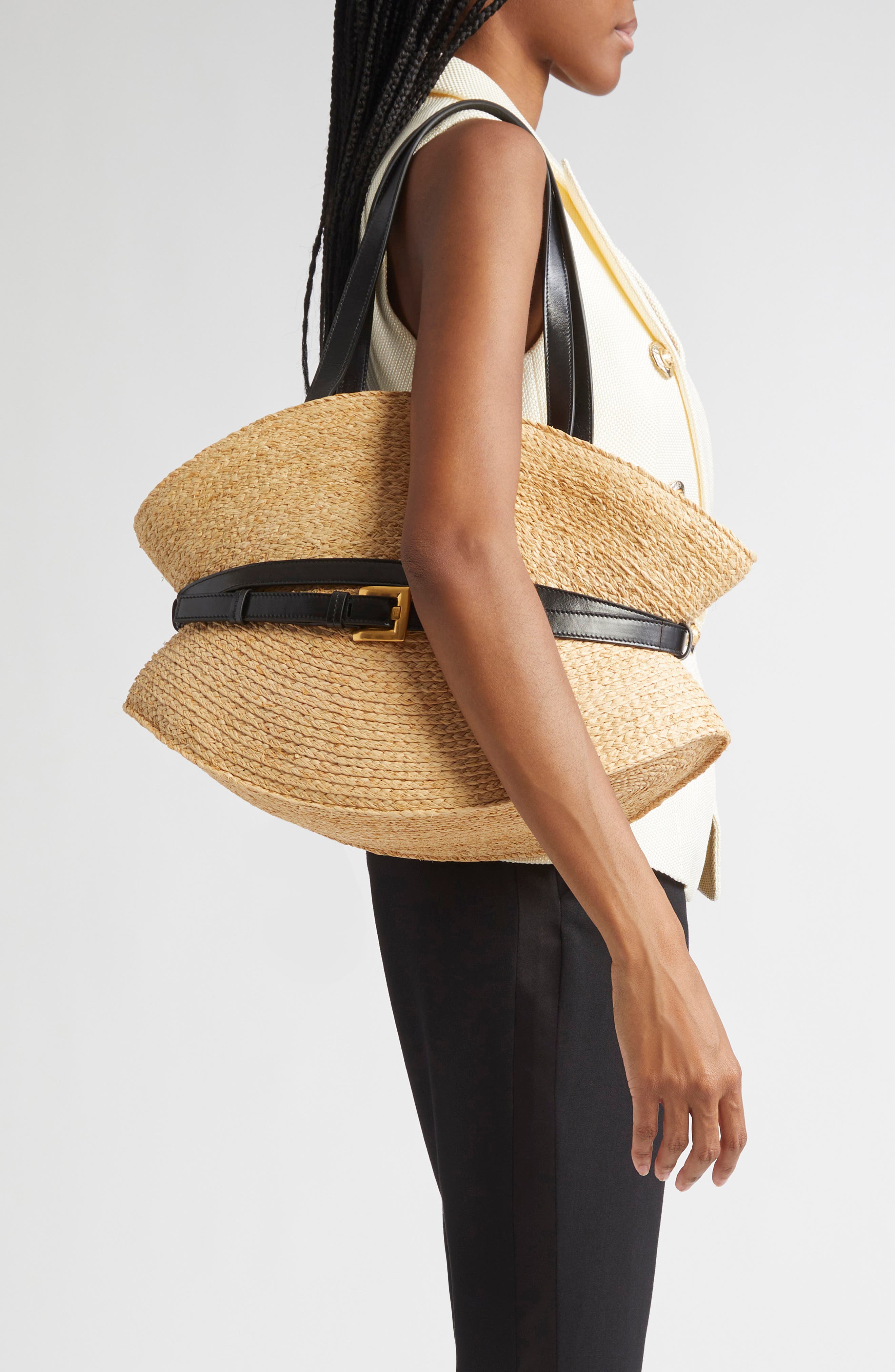 Balmain Medium Shuffle Raffia Tote, Alternate, color, Natural / Black