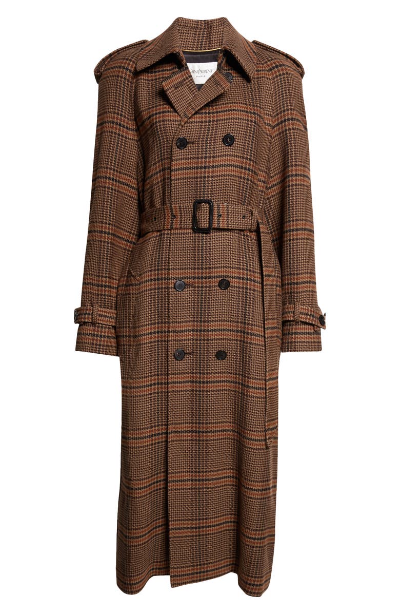 Saint Laurent Prince of Wales Wool Trench Coat, Main, color, Marron/ Beige/ Roux
