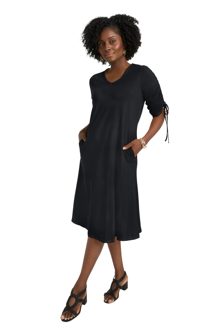 Stretch Cotton Tie Sleeve Midi Dress, Main, color, BLACK