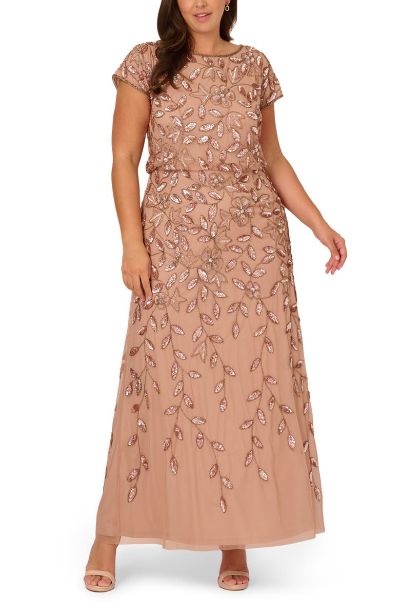 Adrianna Papell Beaded Blouson Gown, Main, color, Rose Gold