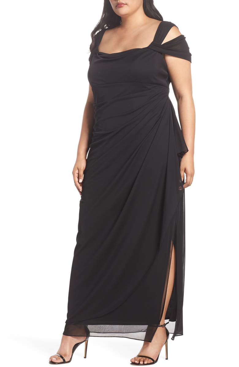 Alex Evenings Cold Shoulder Ruffle Gown, Main, color, Black