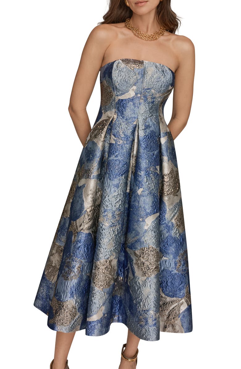 Donna Karan New York Floral Strapless Fit & Flare Midi Cocktail Dress, Alternate, color, Washed Indigo Multi