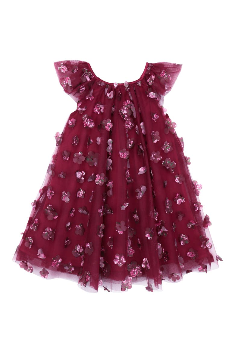 Kids' 3D Floral Appliqué Float Party Dress, Alternate, color, BURGUNDY