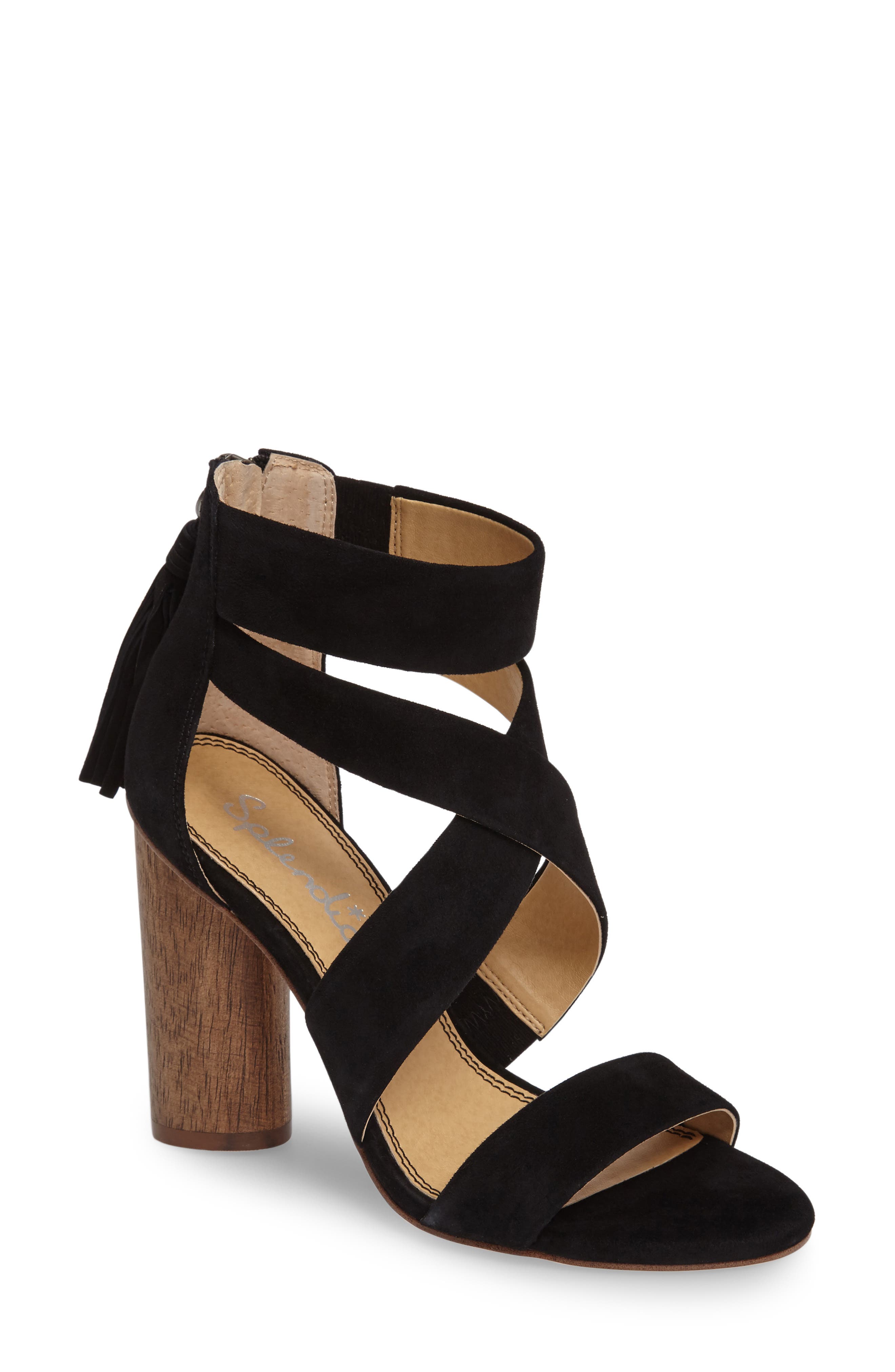 Jara Statement Heel Sandal, Main, color, BLACK SUEDE