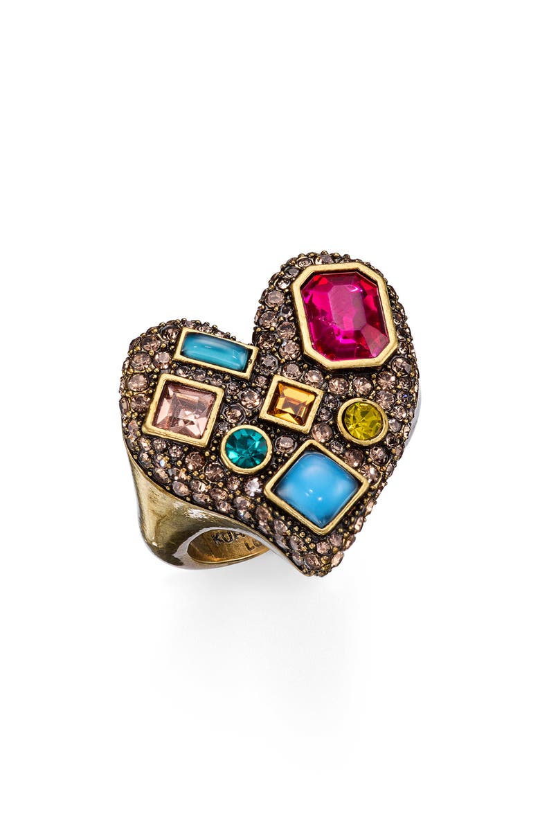 Kurt Geiger London Pavé Stone Heart Cocktail Ring, Alternate, color, Brass/ Multi