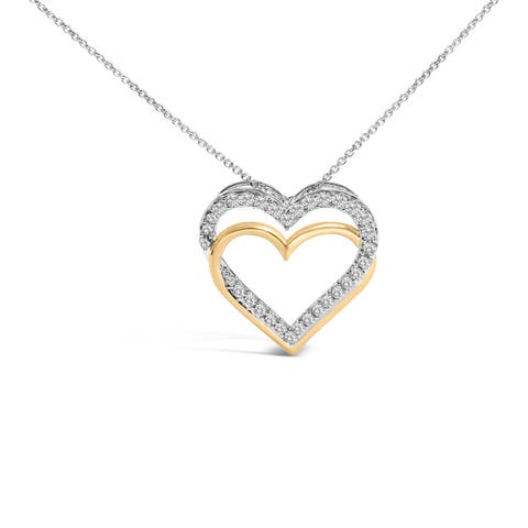 14K Yellow Gold Plated Sterling Silver 1.00 Cttw Diamond Double Heart Pendant Necklace