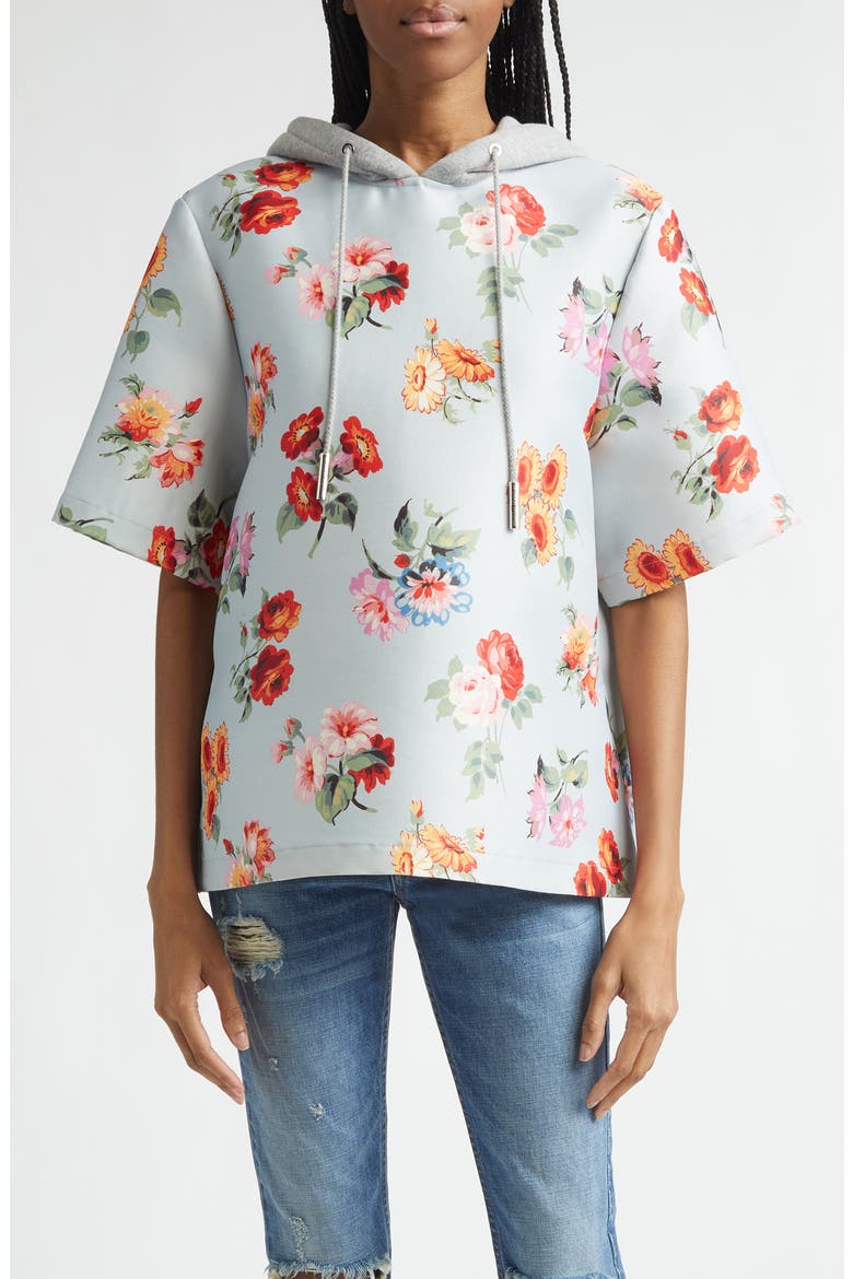 The Aine Floral Short Sleeve Virgin Wool & Silk Faille Hoodie, Main, color, LIGHT BLUE FLORAL