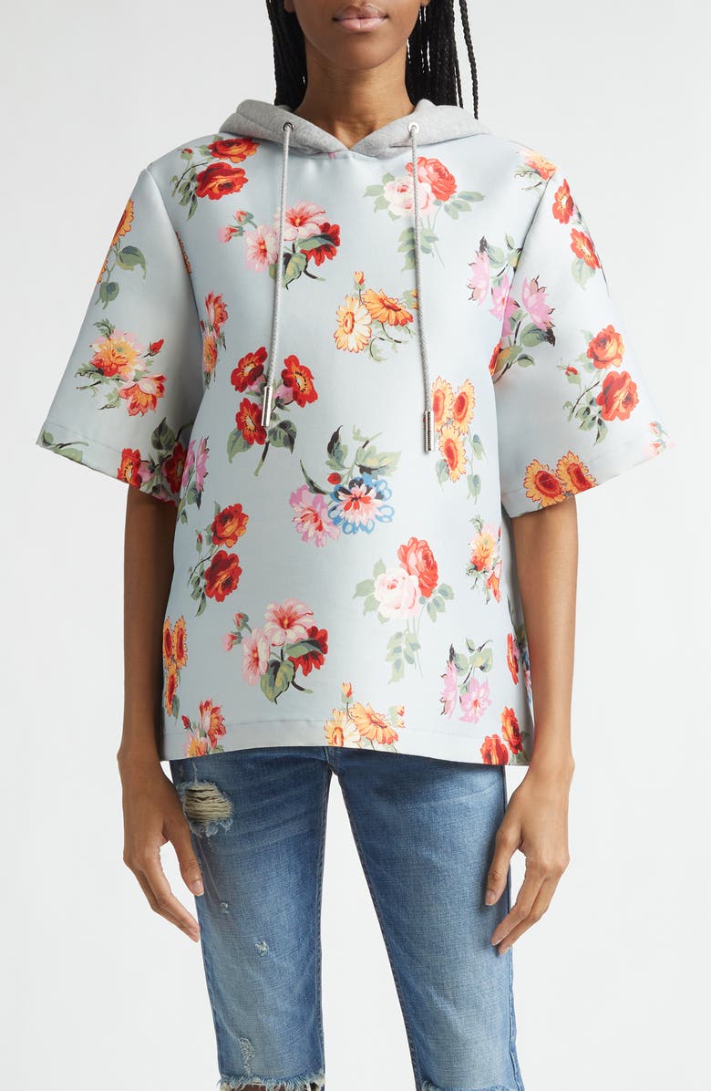 Brandon Maxwell The Aine Floral Short Sleeve Virgin Wool & Silk Faille Hoodie, Main, color, Light Blue Floral