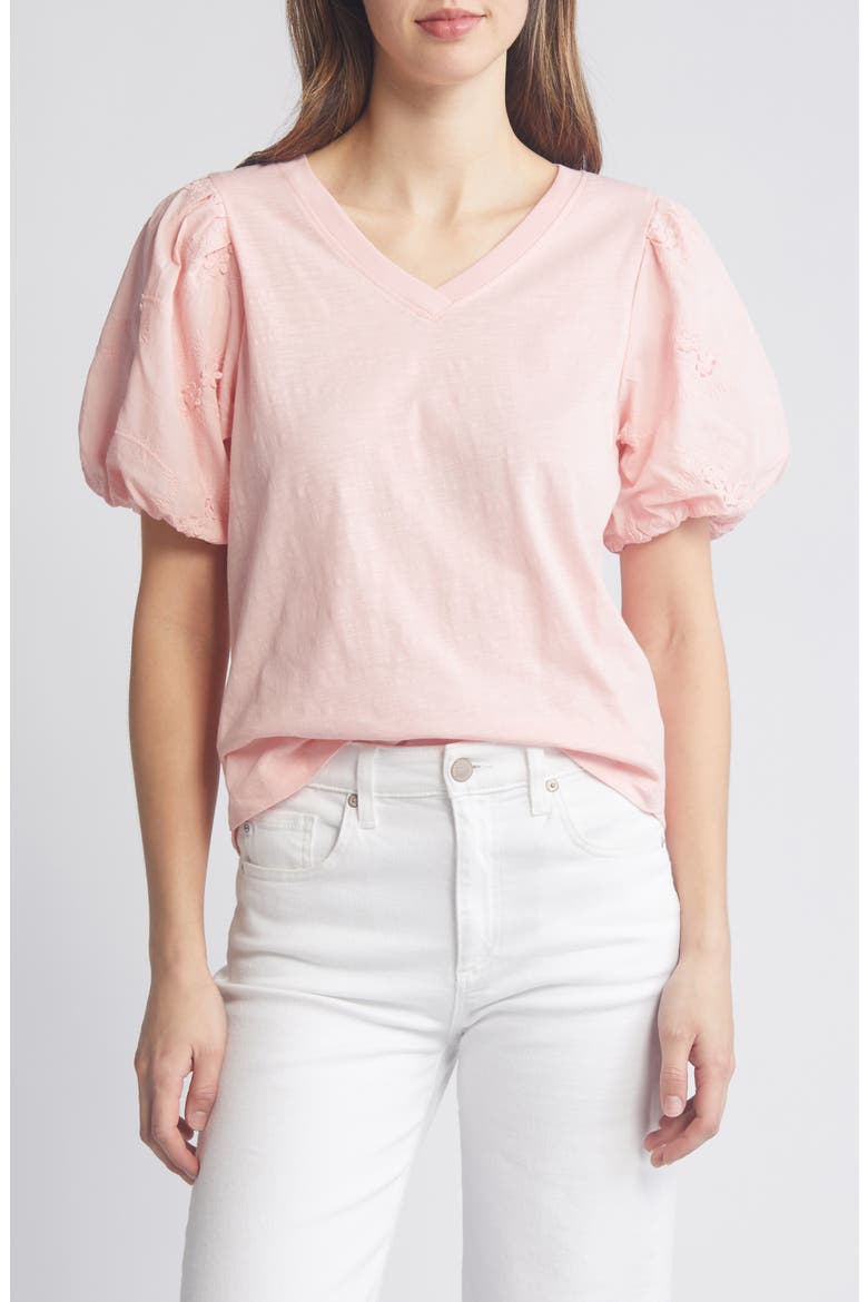 Embroidered Puff Sleeve V-Neck Top, Main, color, STRAWBERRY CREAM