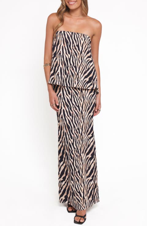 Agnes Zebra Cotton & Linen Strapless Top & Maxi Skirt Set
