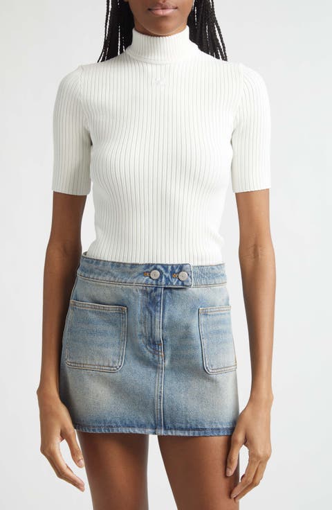 Embroidered Logo Mock Neck Rib Sweater