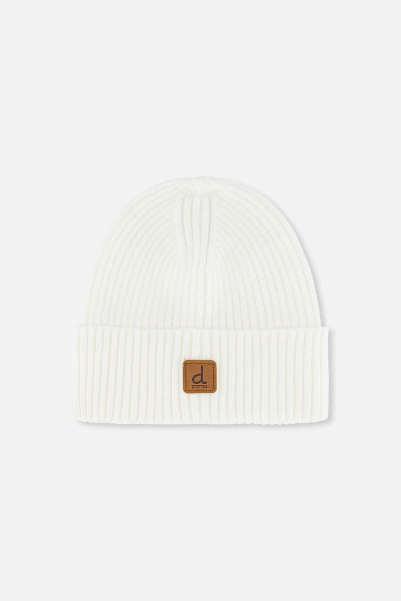 Ribbed Folded Cuff Faux Leather Patch Knit Hat, Main, color, Off-White