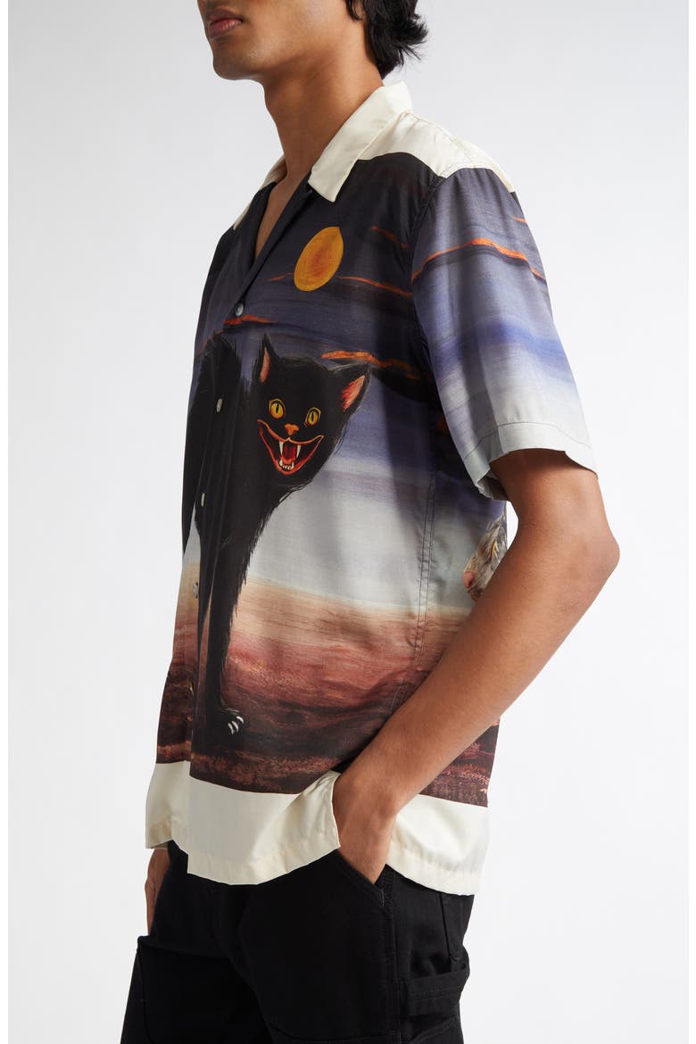 Cat Border Silk Crepe Button-Up Shirt, Alternate, color, IVORY MULTI