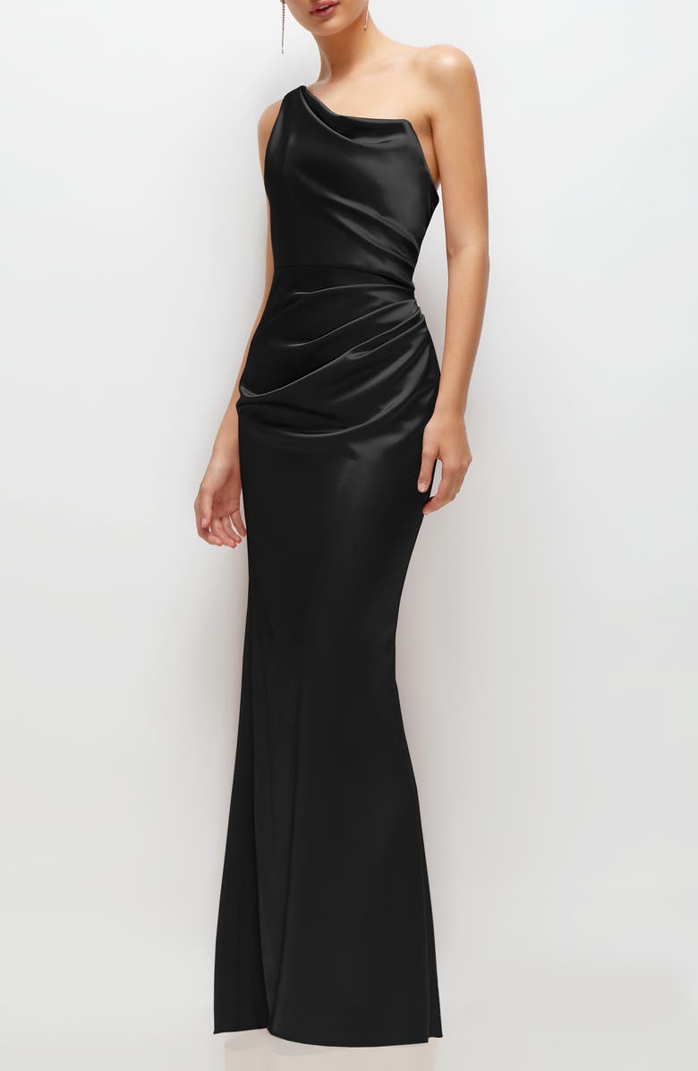 After Six One-Shoulder Satin Charmeuse Gown, Alternate, color, Black