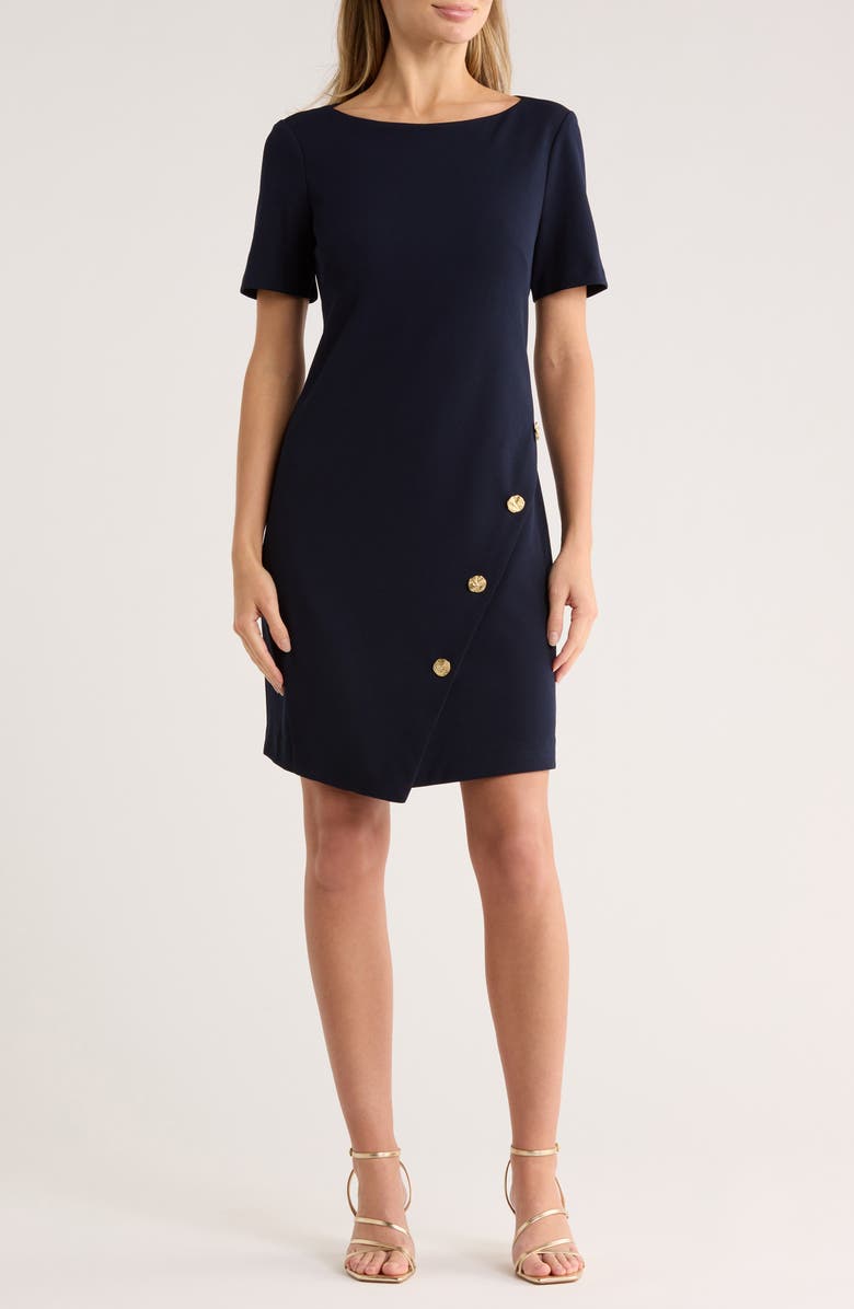 Eliza J Bateau Neck Short Sleeve A-Line Dress, Main, color, Navy