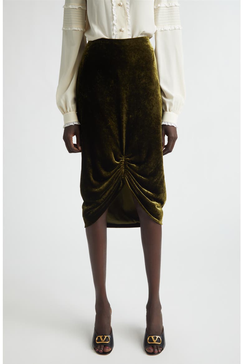 Velvet Midi Skirt, Main, color, ARMY GREEN