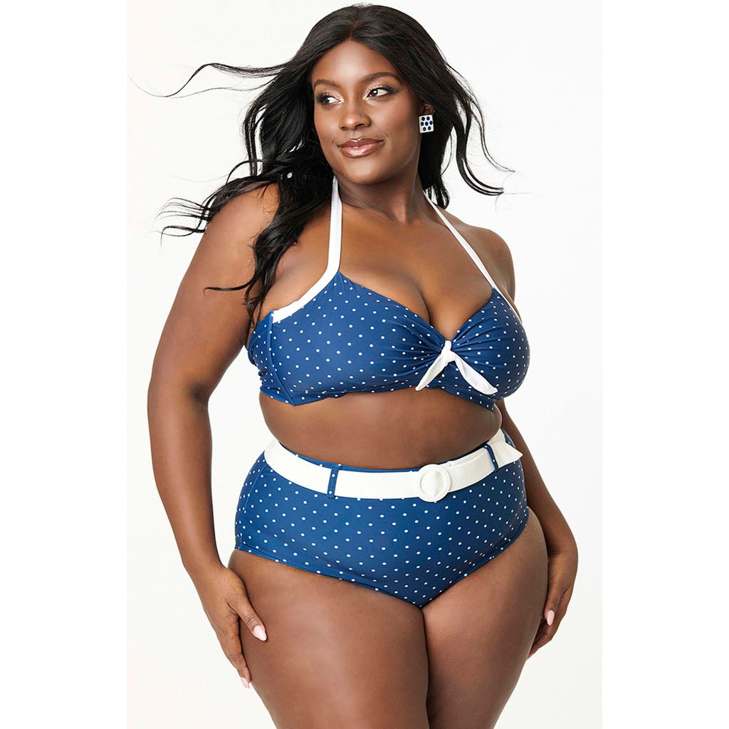 Unique Vintage Plus Size Bow Halter Swim Top In Navy White Dots