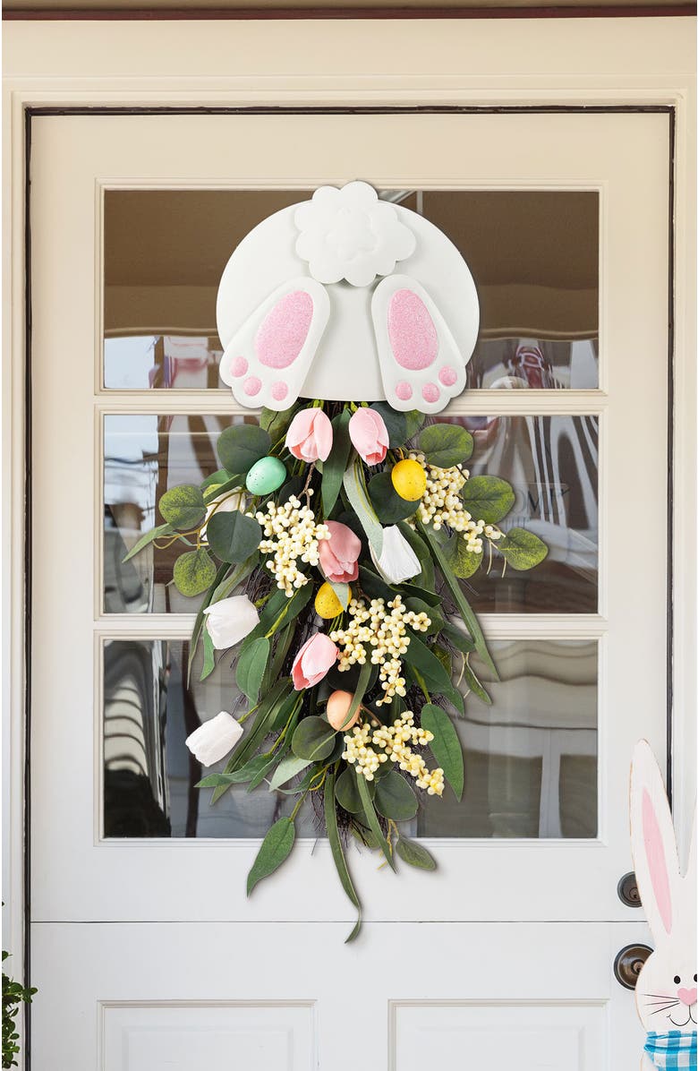 Glitzhome 26"H Easter Metal Bunny & Tulip Teardrop Wall Decor, Alternate, color, White