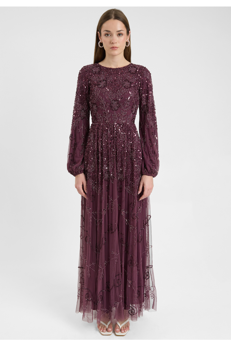 Modest Embellished Sequin Beaded Dress Maxi With Boat Neck, Main, color, MAUVE