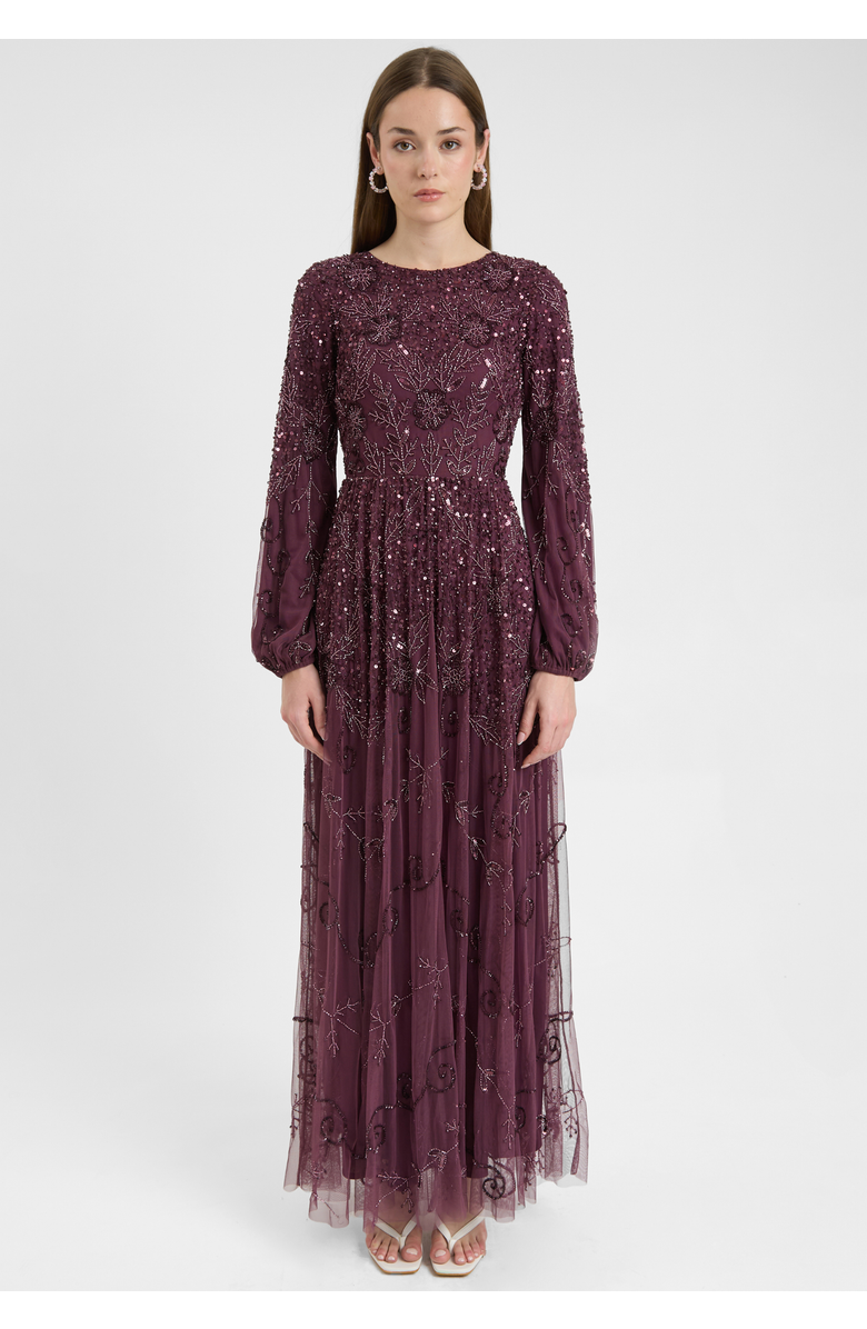 MARYISA Modest Embellished Sequin Beaded Dress Maxi With Boat Neck, Main, color, Mauve