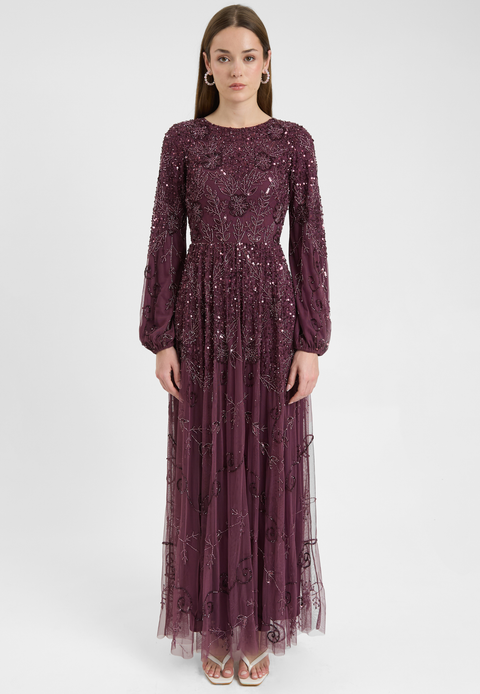 Modest Embellished Sequin Beaded Dress Maxi With Boat Neck