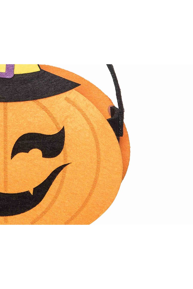 Smiling Pumpkin Jack O' Lantern w/ Witch Hat Felt Halloween Treat-Or-Trick Costume Candy Basket Tote Bucket, Alternate, color, Orange