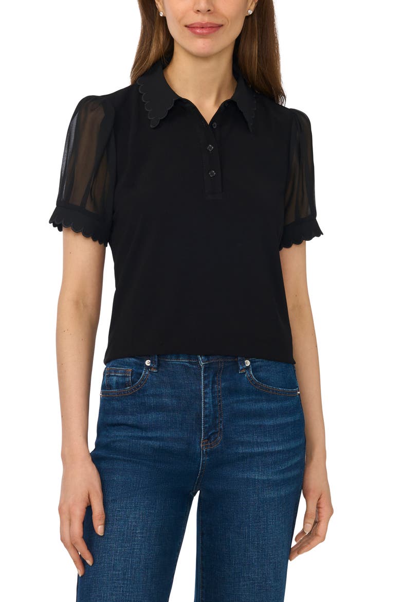 Scallop Trim Puff Sleeve Polo, Main, color, RICH BLACK