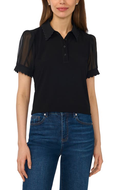 Scallop Trim Puff Sleeve Polo