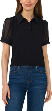 CeCe Scallop Trim Puff Sleeve Polo