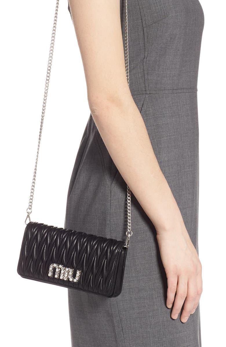 Miu Miu Matelassé Leather Wallet on a Chain, Alternate, color,