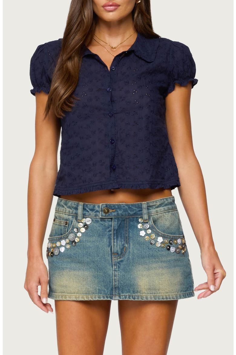 Lanie Eyelet Short Sleeve Crop Button-Up Shirt, Main, color, NAVY