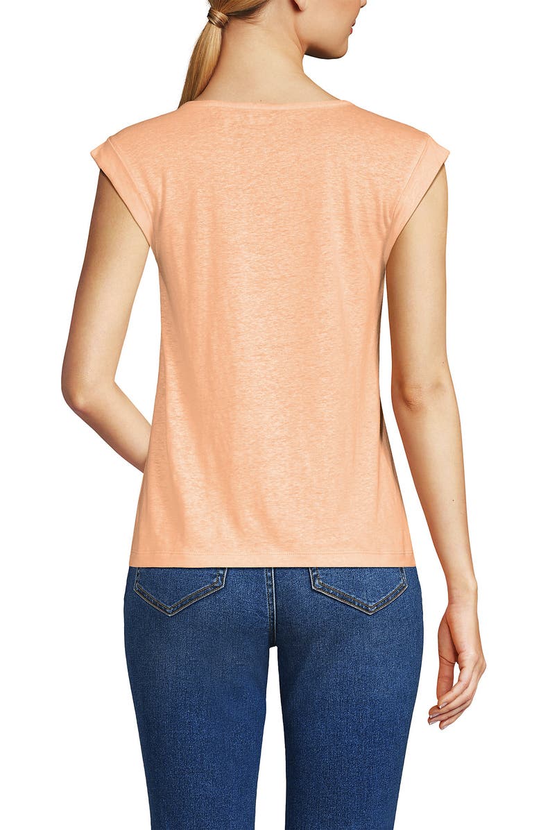 Lands' End Linen Blend Cap Sleeve Gathered Shoulder Tee, Alternate, color, Peach Sorbet