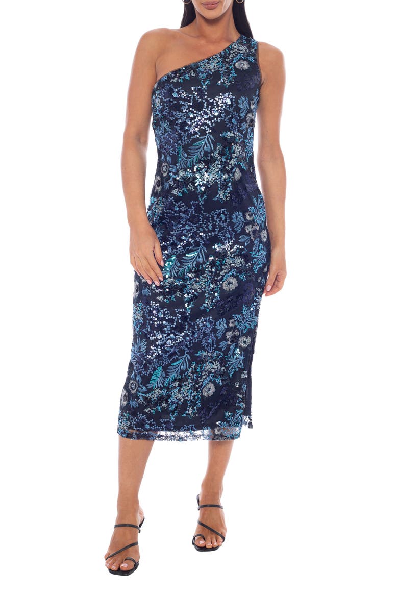 One-Shoulder Beaded Midi Dress, Main, color, NAVY