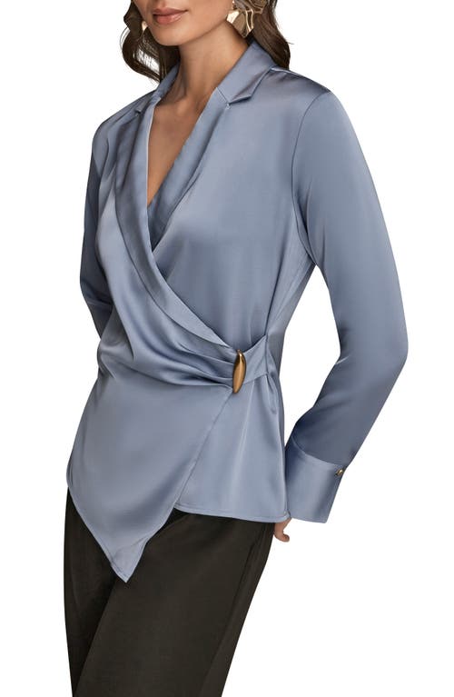 Donna Karan New York Pleated Wrap Front Silk Top In Gray