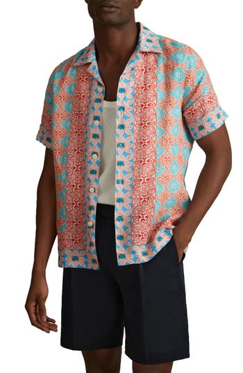 Reiss Orange Multi Linen Printed Cuban Collar Shirt In Orange Multi